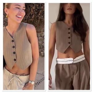 Zara Sleeveless V-Neck Pinstripe Fitted Crop Vest